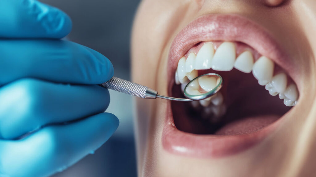 A dental hygienist performing a teeth cleaning procedure in a modern dental clinic, with dental cleaning tools and patient chair visible, Professional style
